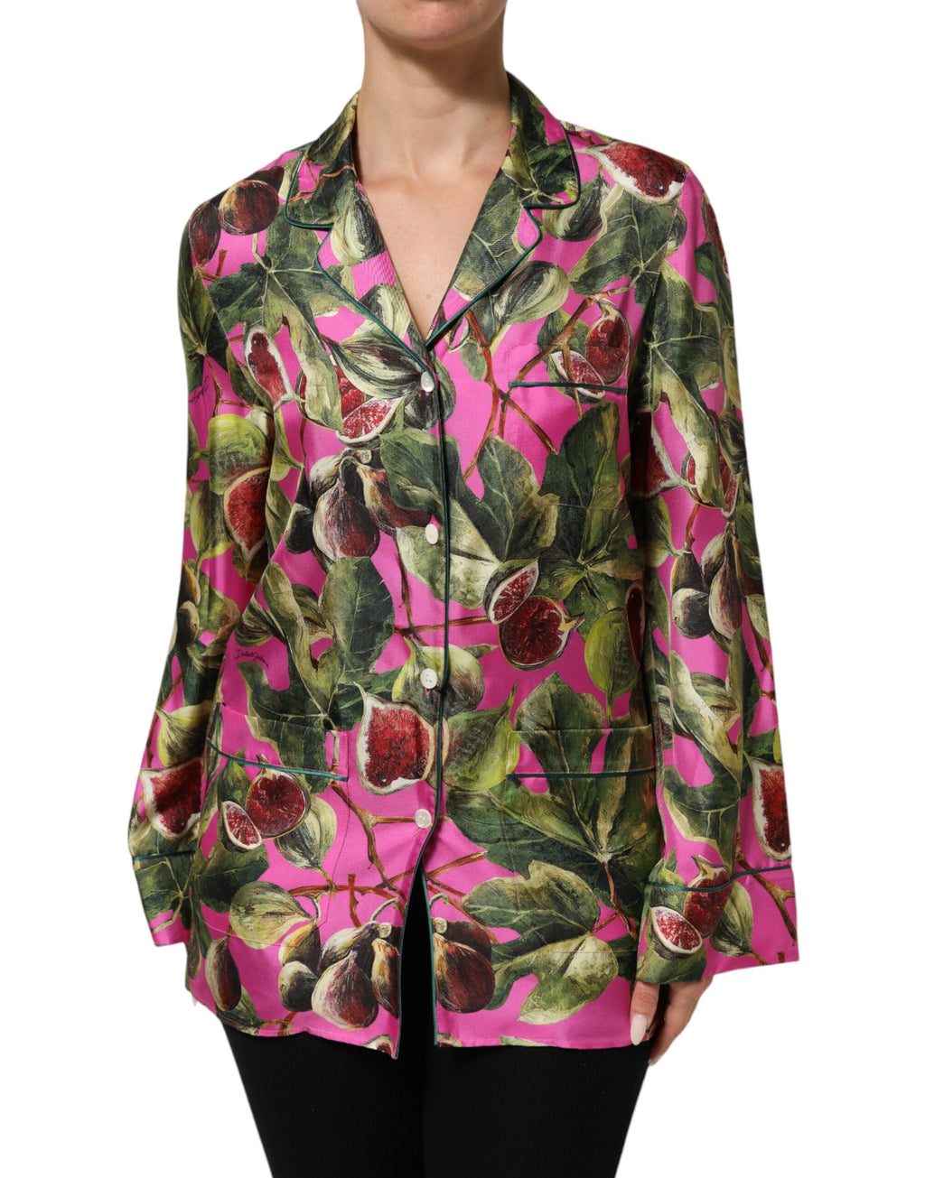 Chemise en soie Dolce & Gabbana à motif fig rose vif, style blouse élégante et colorée.