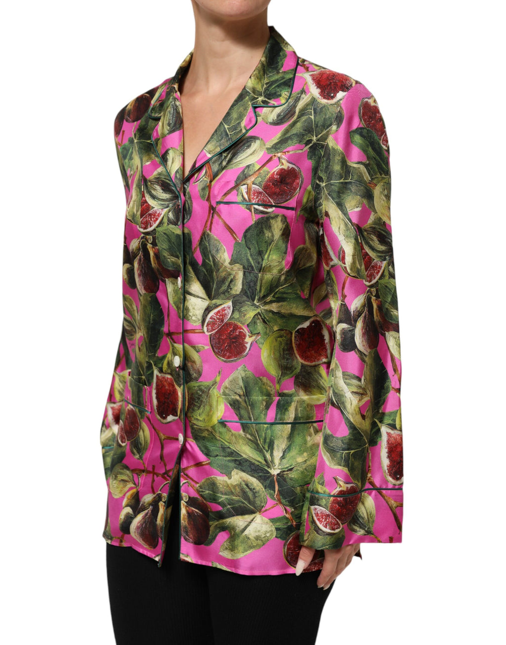 Chemisier en soie Dolce & Gabbana à imprimé figue rose vif, élégant et fluide, pour un style sophistiqué et féminin.