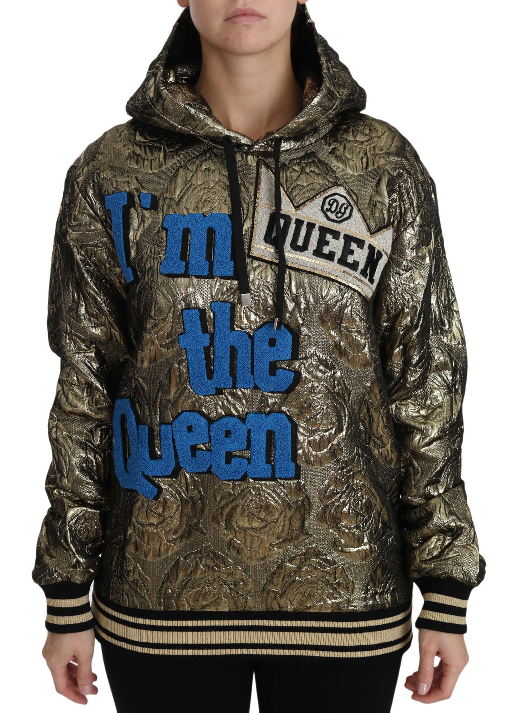 Sweat à capuche Dolce & Gabbana Im The Queen en jacquard doré, sweat-shirt de luxe avec logo élégant.