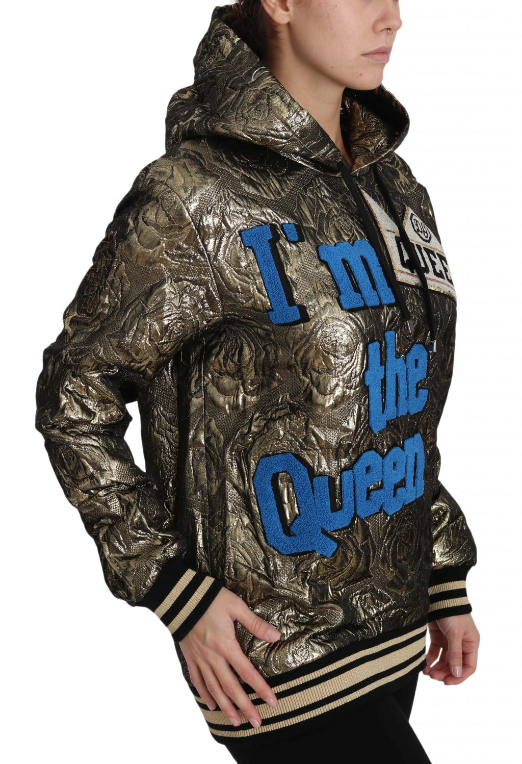 Sweat à capuche Dolce & Gabbana Im The Queen en jacquard or, style décontracté et élégant, visible avec logo et motif doré.