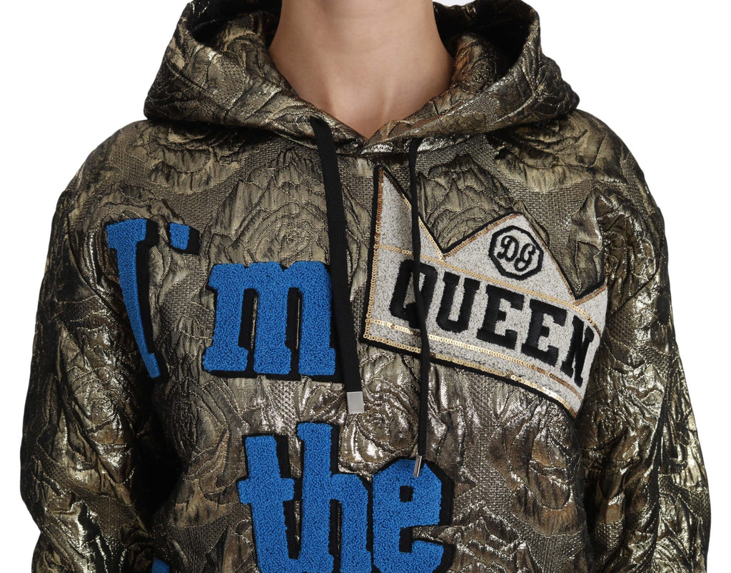 Sweatshirt à capuche Dolce & Gabbana Im The Queen en jacquard doré, style élégant et sophistiqué.