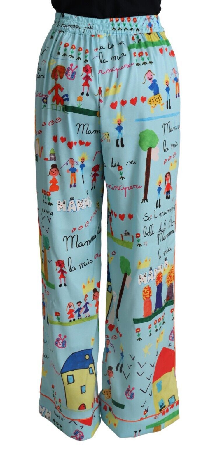 Dolce & Gabbana Light Blue Drawing Mid Waist Wide Leg Pants - La luxence