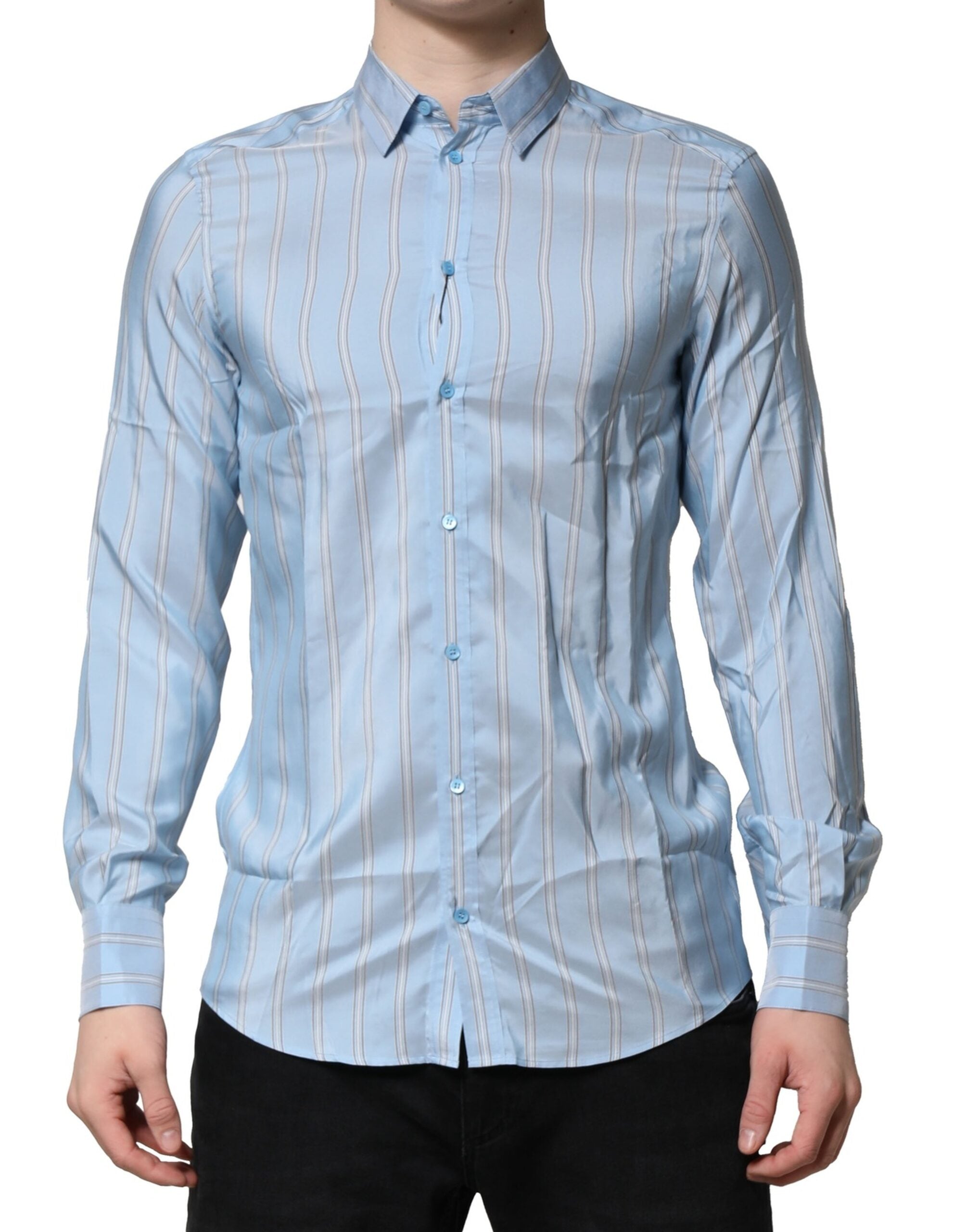 Chemise formelle à rayures bleu clair Dolce & Gabbana Light Blue Martini, manche longue, élégant et sophistiqué.
