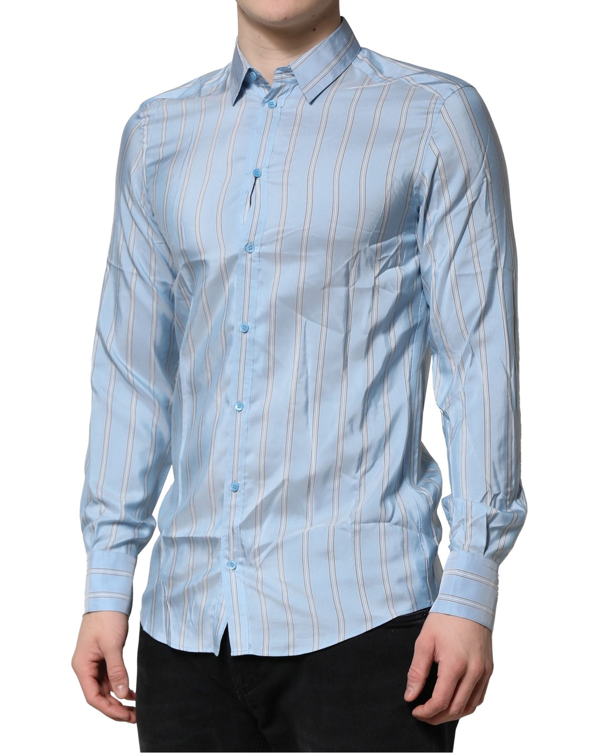 Chemise habillée à rayures bleu clair Dolce & Gabbana Light Blue Martini, col classique, manches longues, tissu élégant.