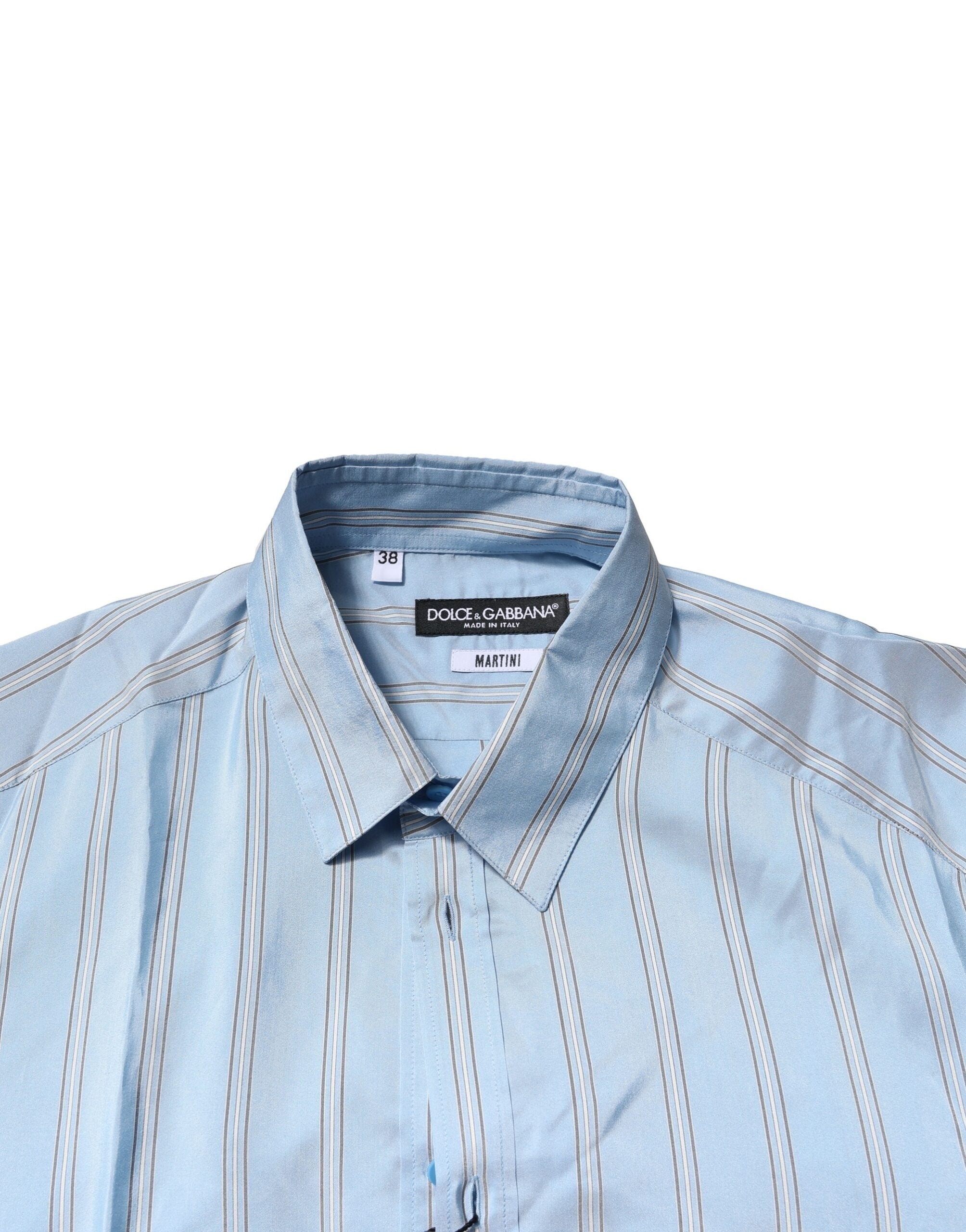 Chemise formelle Dolce & Gabbana Light Blue Martini à rayures bleues, manches longues, col classique, vue de face.