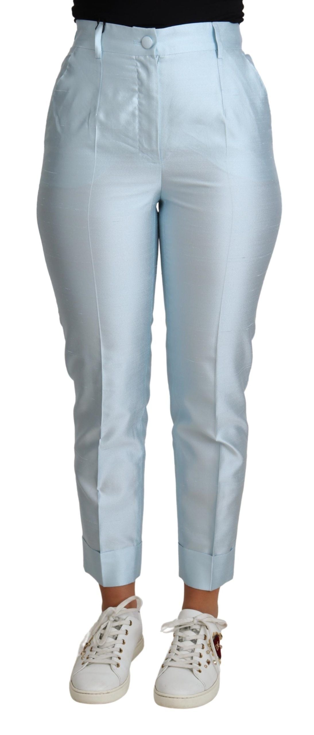 Pantalons cropped en soie Dolce & Gabbana Light Blue, coupe tapered, élégants et confortables, visibles en détail.