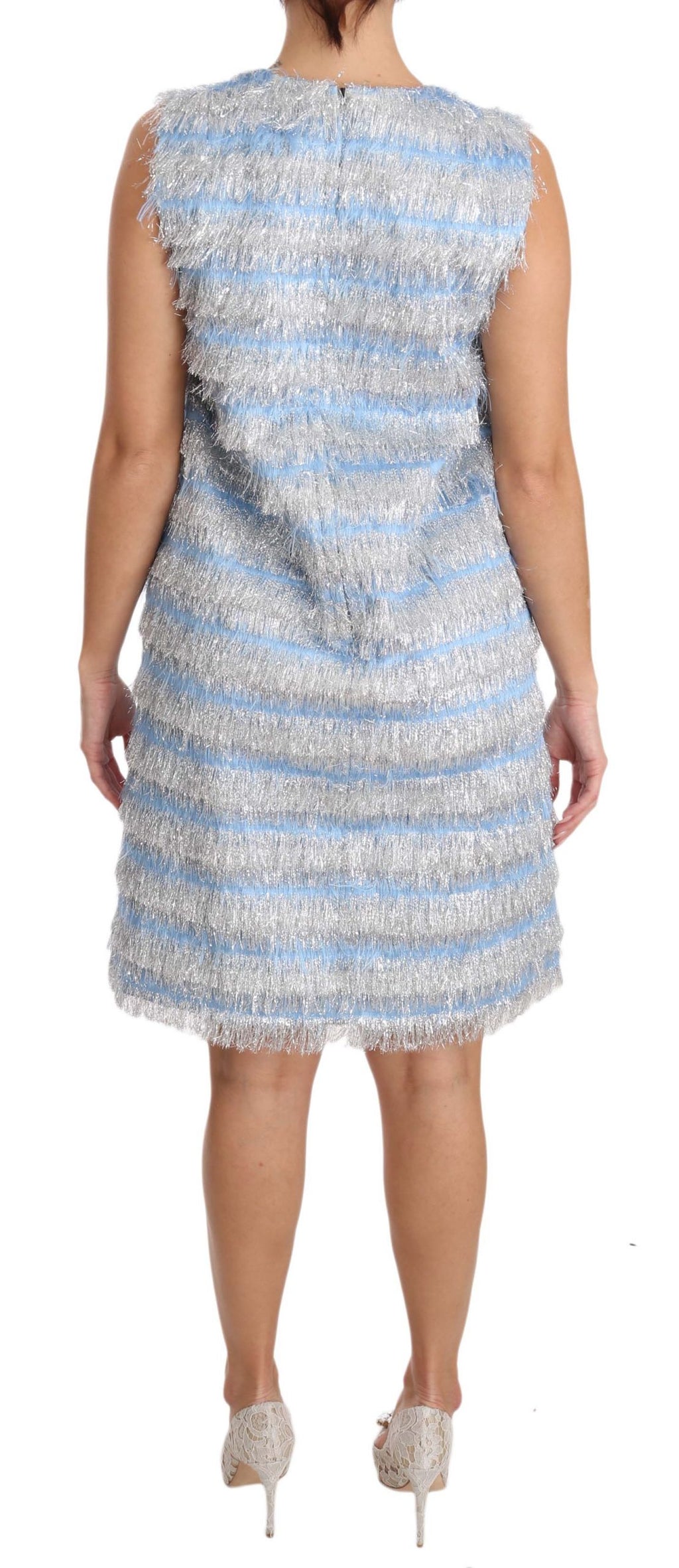 Robe longue Dolce & Gabbana Light Blue Silver Shift Gown avec tissu brillant et coupe élégante, vue de face.