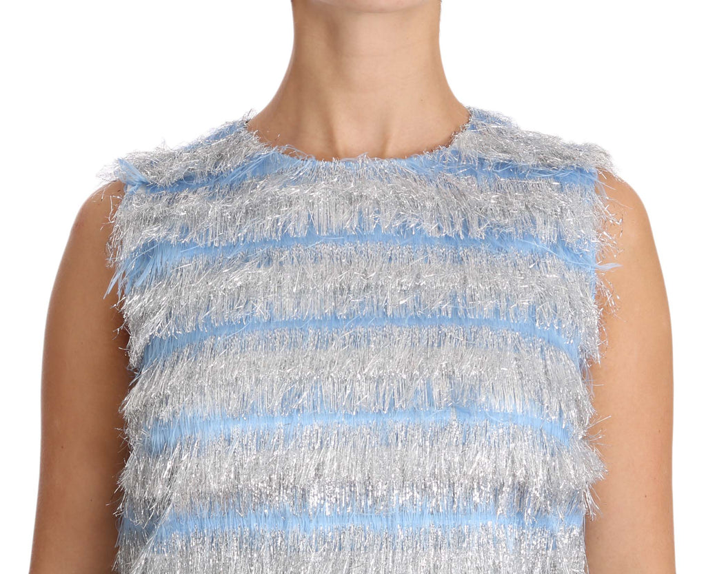 Robe de soirée Dolce & Gabbana Light Blue Silver Shift Gown avec tissu brillant et coupe élégante.