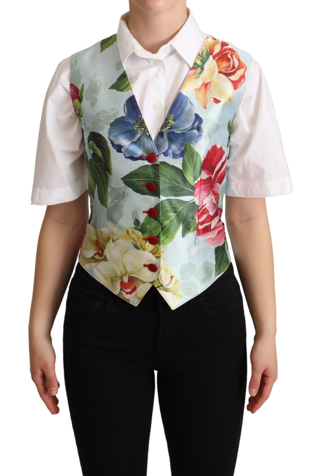 Gilet en soie vert menthe avec motif floral de Dolce & Gabbana, veste élégante pour femme.