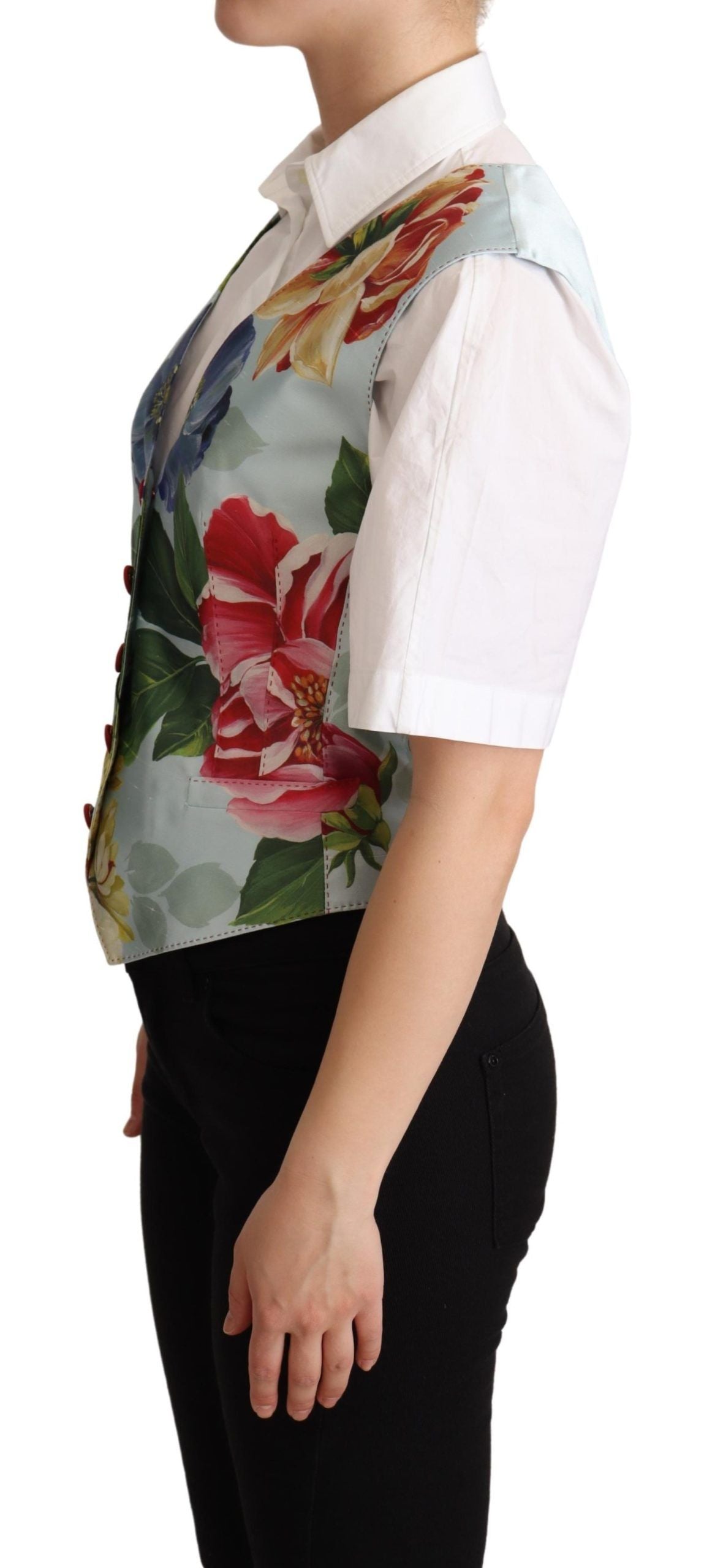 Gilet en soie vert menthe avec motif floral Dolce & Gabbana, veste cintrée élégante pour femme.