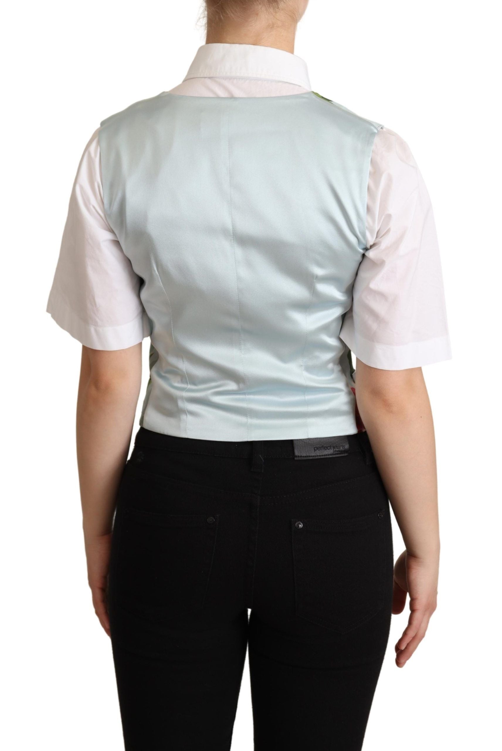 Gilet en soie vert menthe à fleurs Dolce & Gabbana, élégant avec détails floraux pour un style sophistiqué.