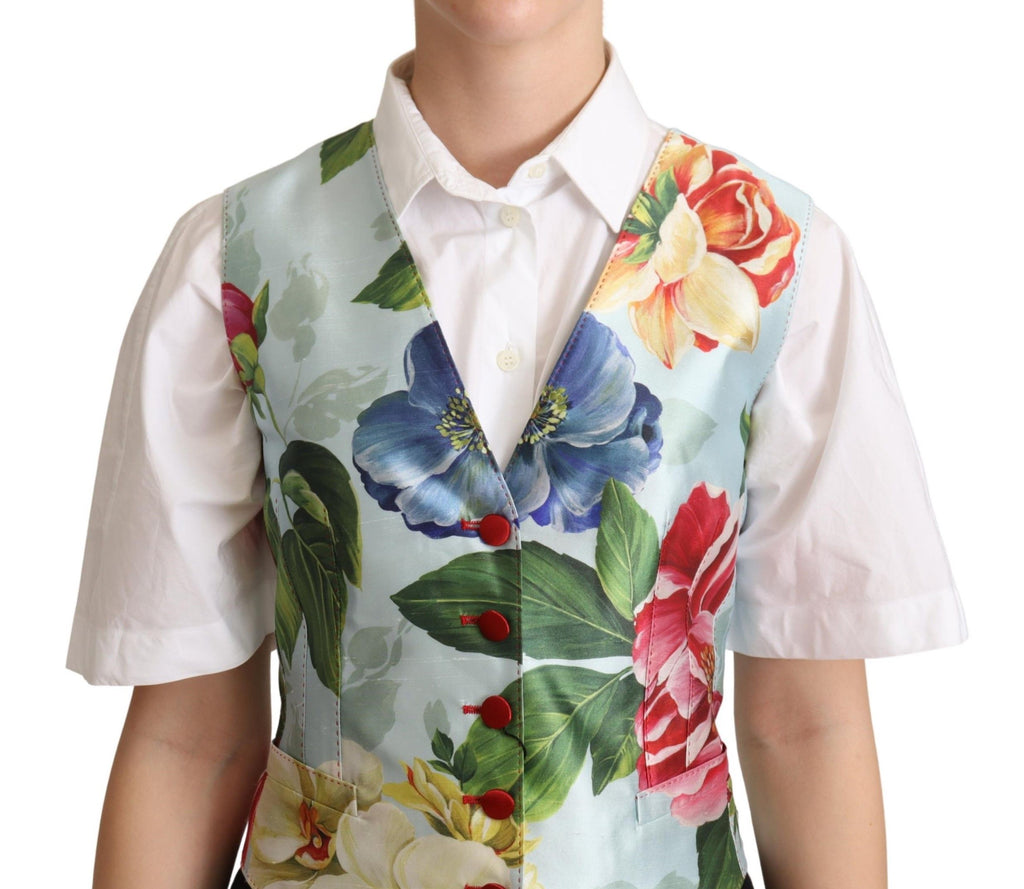 Gilet en soie à fleurs vert menthe de Dolce & Gabbana, veste cintrée élégante avec motifs floraux raffinés.