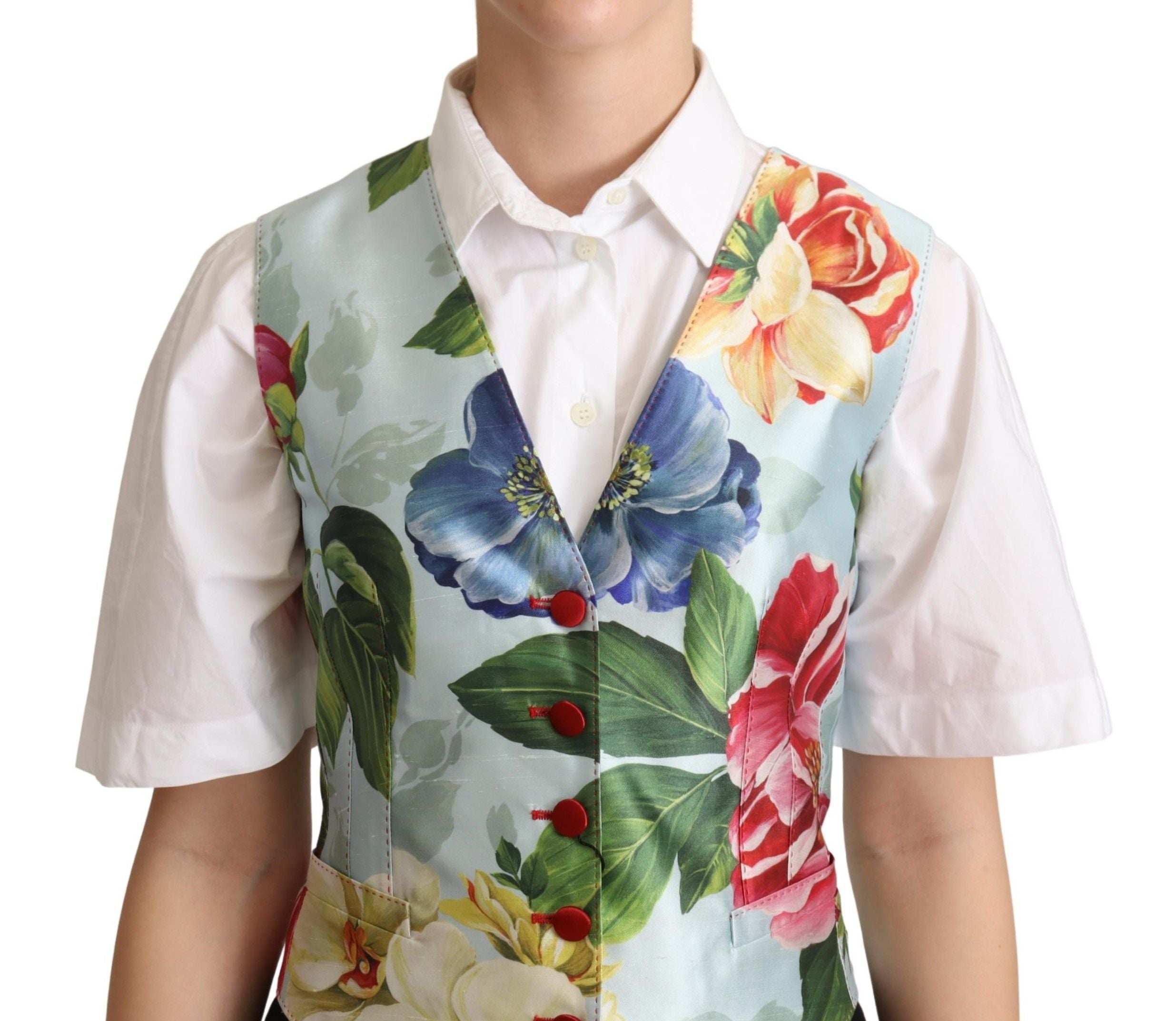Gilet en soie à fleurs vert menthe de Dolce & Gabbana, veste cintrée élégante avec motifs floraux raffinés.