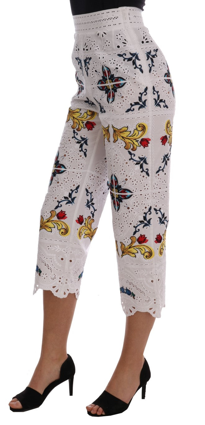Pantalons capri Dolce & Gabbana Mulicolor Majolica avec découpes, motif coloré et style élégant.