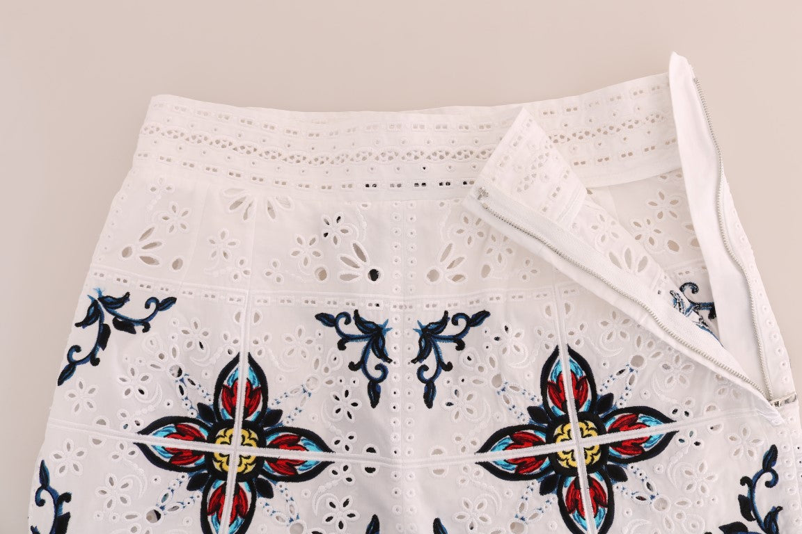 Pantalon capri Dolce & Gabbana Mulicolor Majolica avec découpes et motif coloré, confection en tissu léger, vue de face.