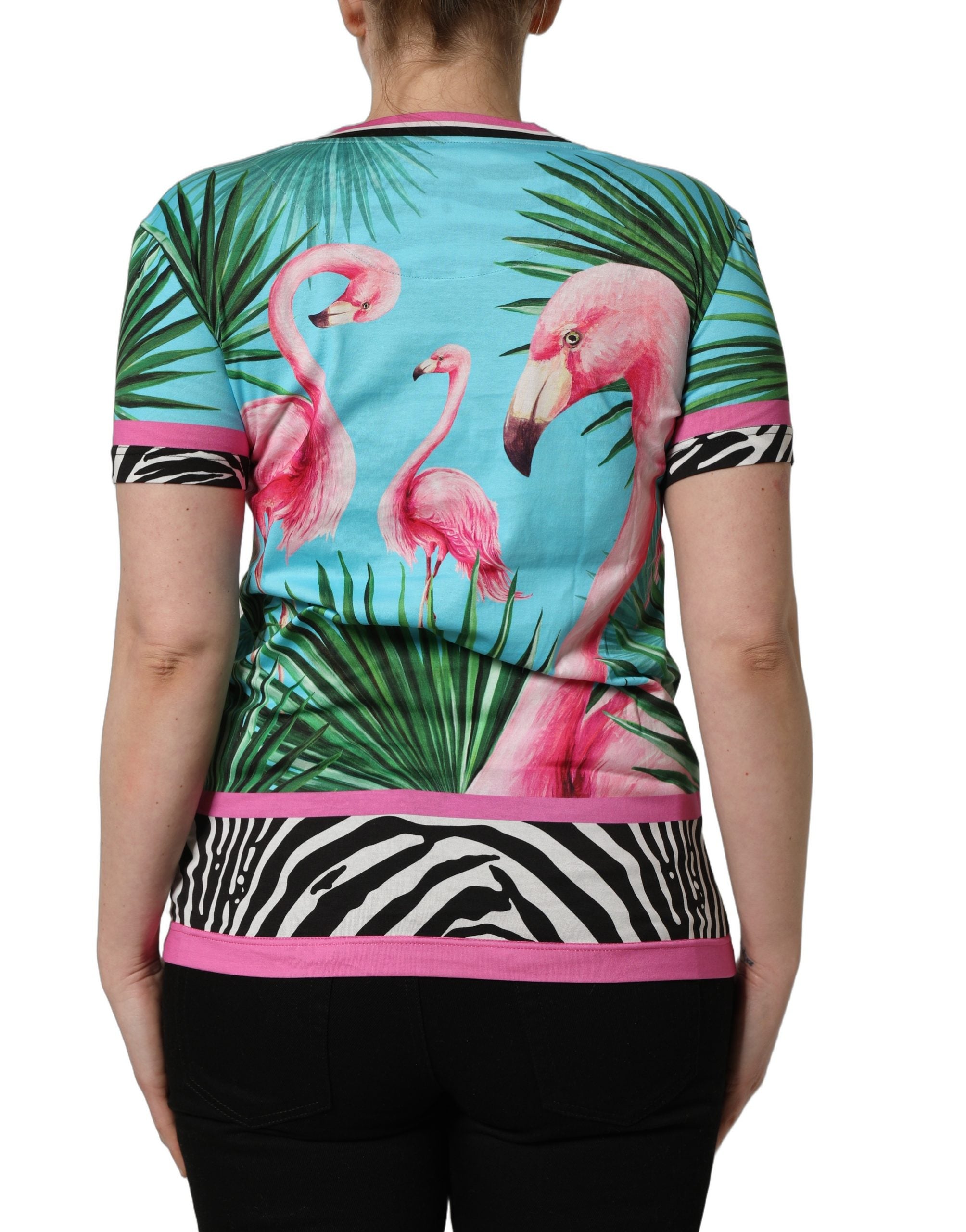 T-shirt Dolce & Gabbana à rayures zébrées multicolores et motif flamant rose, tissu léger, style élégant et coloré.