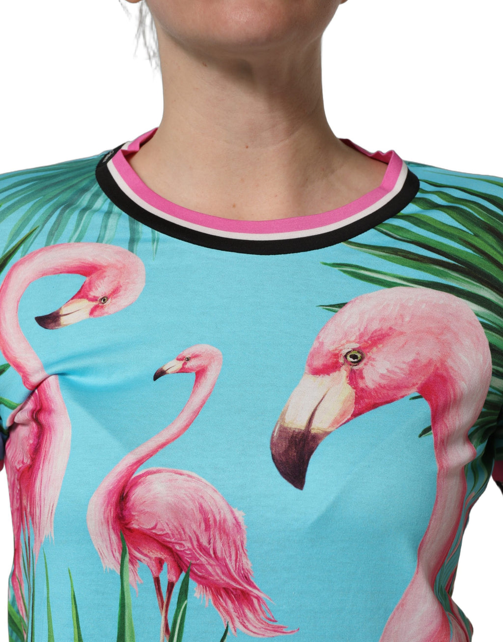 T-shirt Dolce & Gabbana multicolore avec flamants roses et zèbres à rayures, motif coloré et tendance, vue de face.