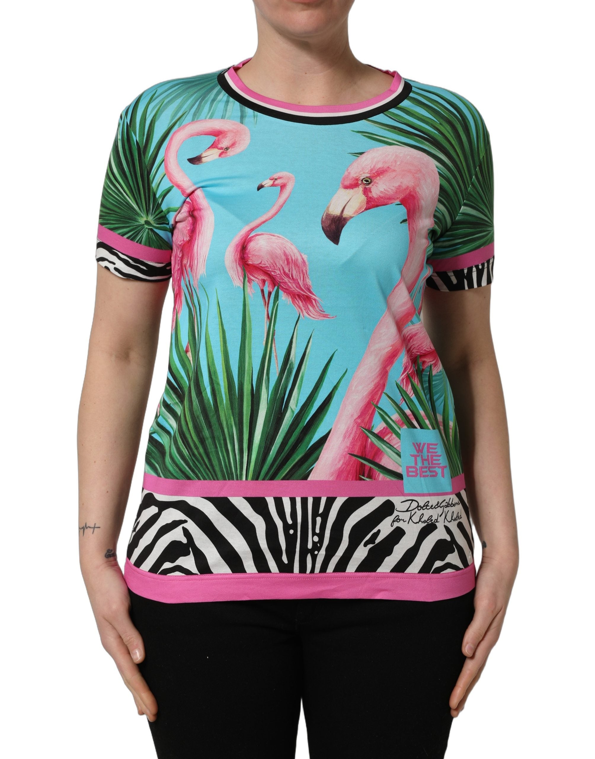 T-shirt Dolce & Gabbana multicolore avec flamants roses et zèbres, motif à rayures, en coton, vue de face.