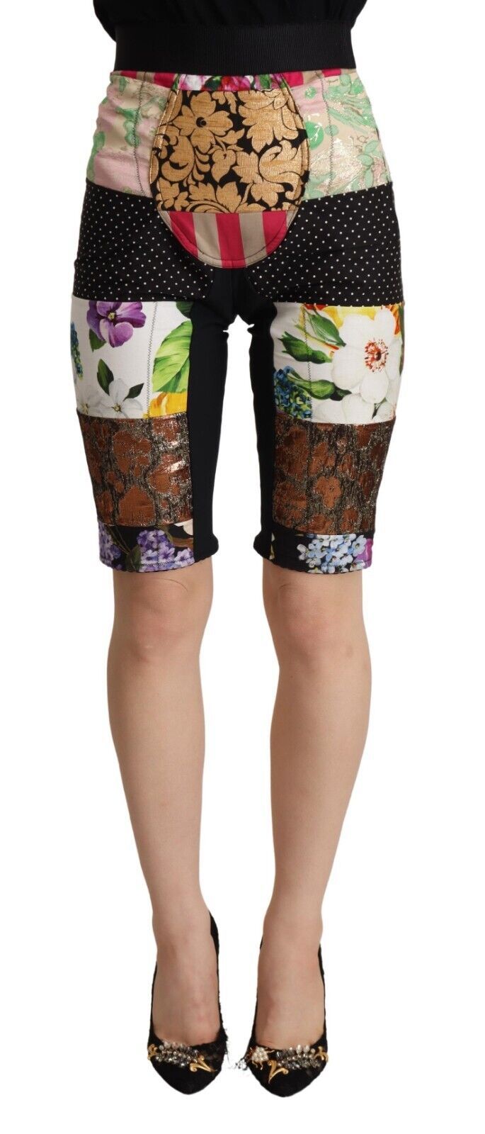 Pantalons cropped à taille haute Dolce & Gabbana à patchwork multicolore, style tendance et design sophistiqué.