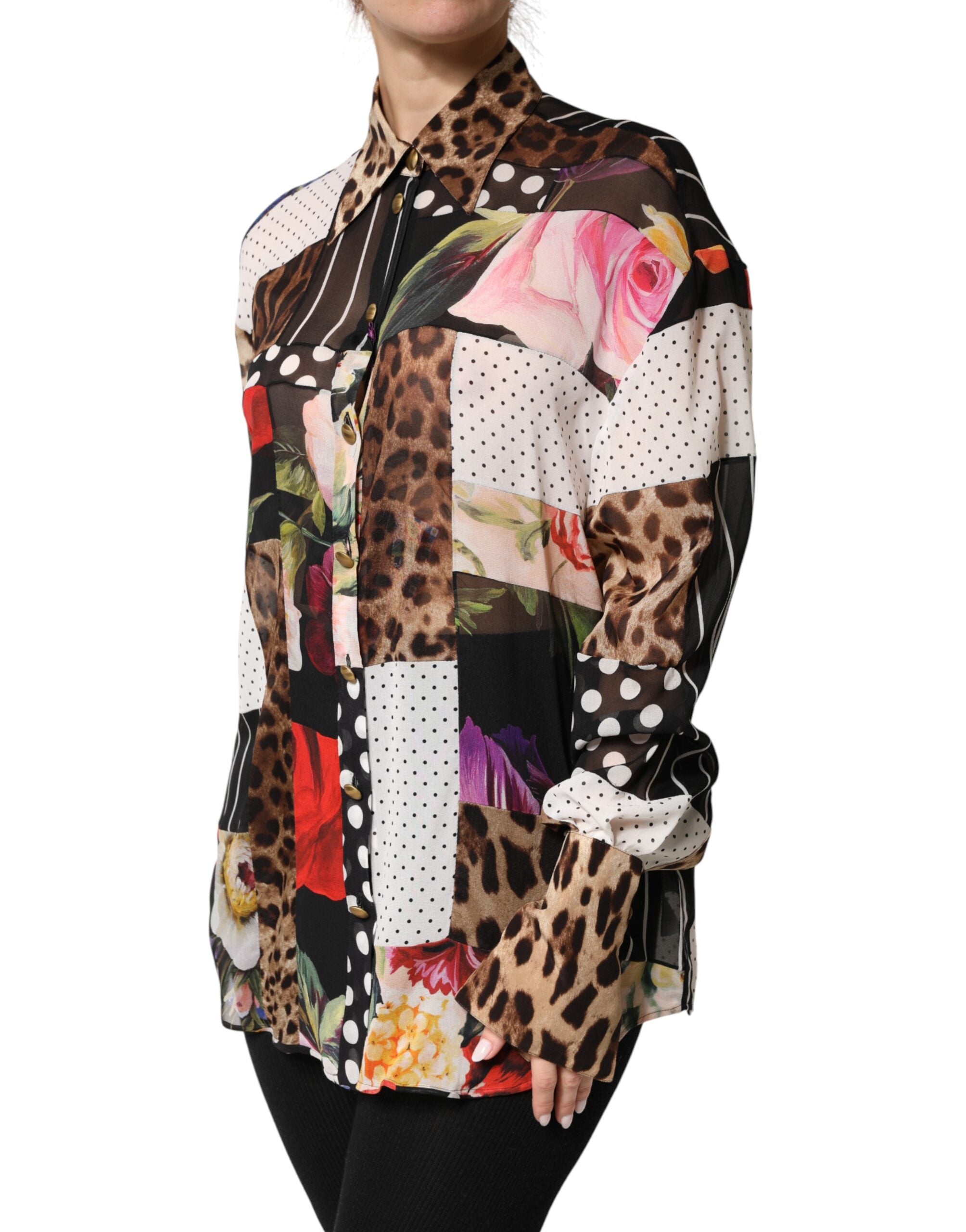 Chemisier Dolce & Gabbana en soie multicolore avec patchworks et col, élégant haut à col pour femme.
