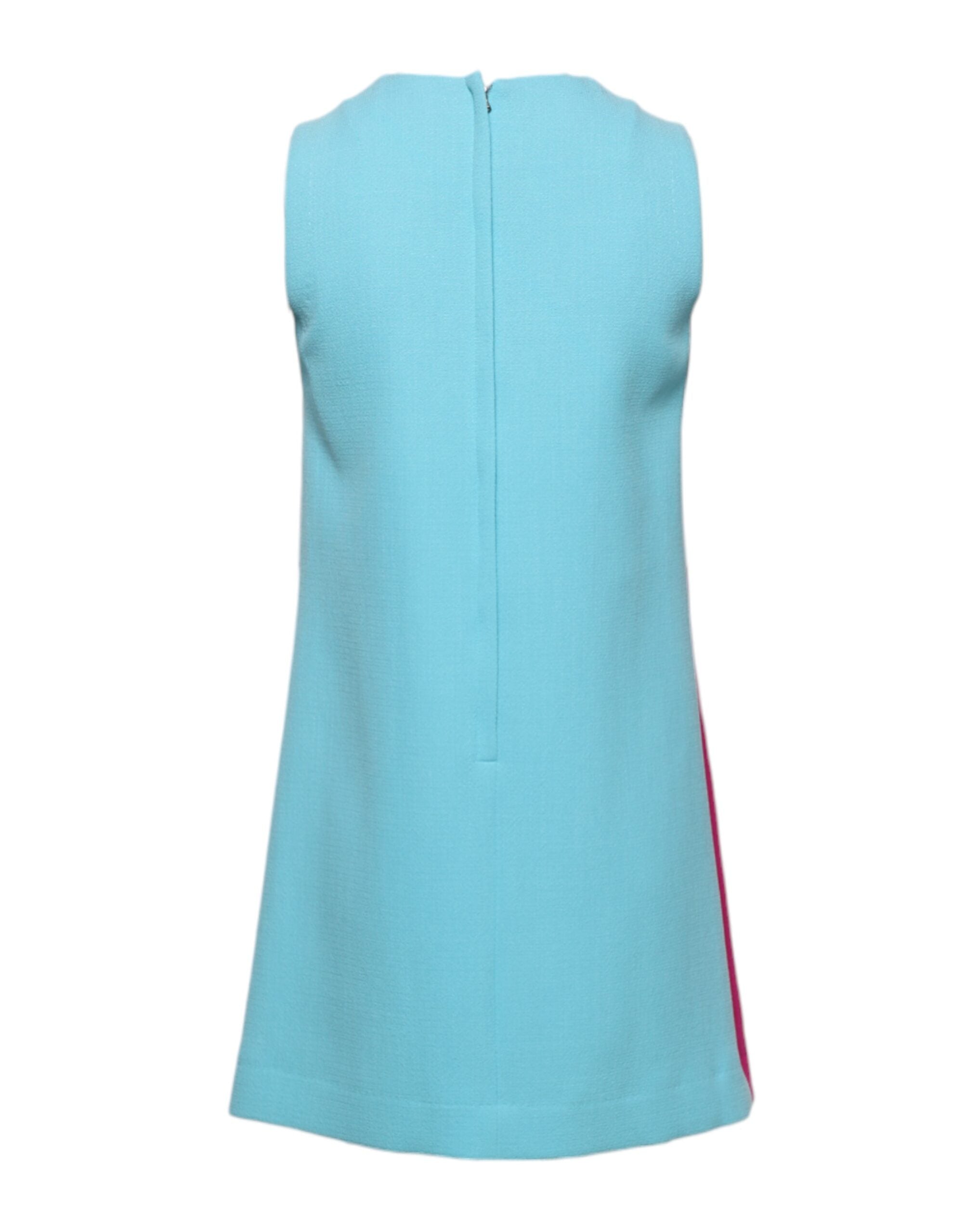 Robe courte sans manches Dolce & Gabbana en laine rose et bleue, style shift, mini longueur, détail de tissu élégant.