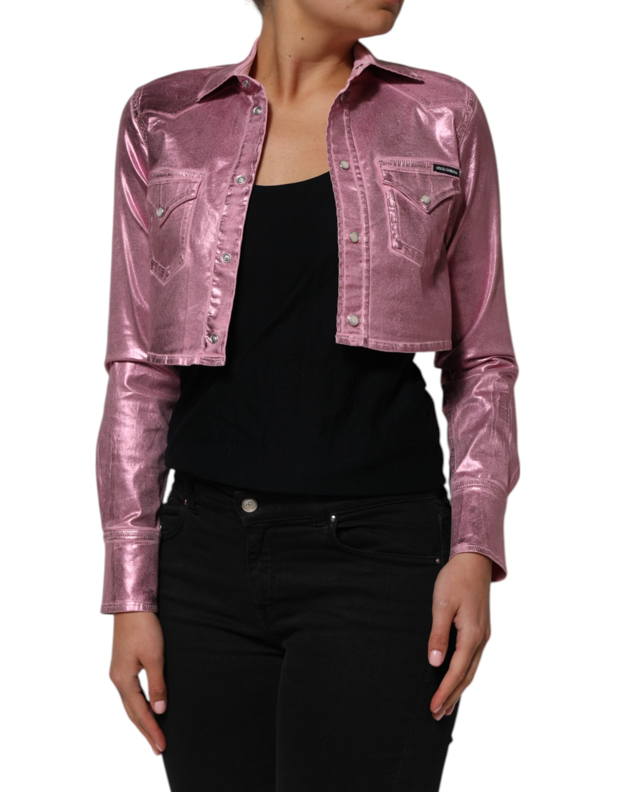 Veste courte en coton rose Dolce & Gabbana avec col, stretch, et coupe ajustée, vue de face sur fond neutre.