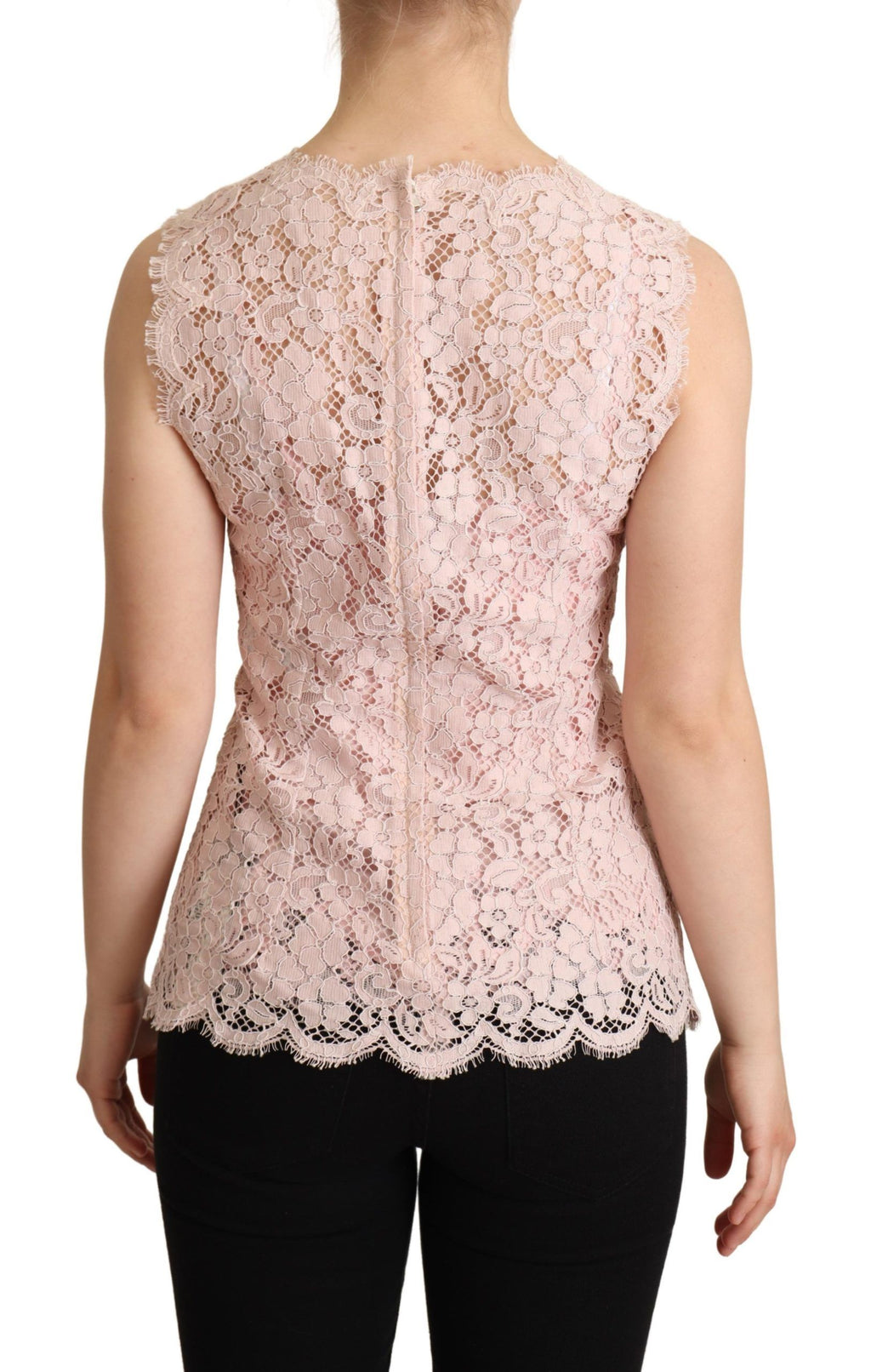 Débardeur sans manches Dolce & Gabbana rose avec dentelle florale, style élégant et féminin.