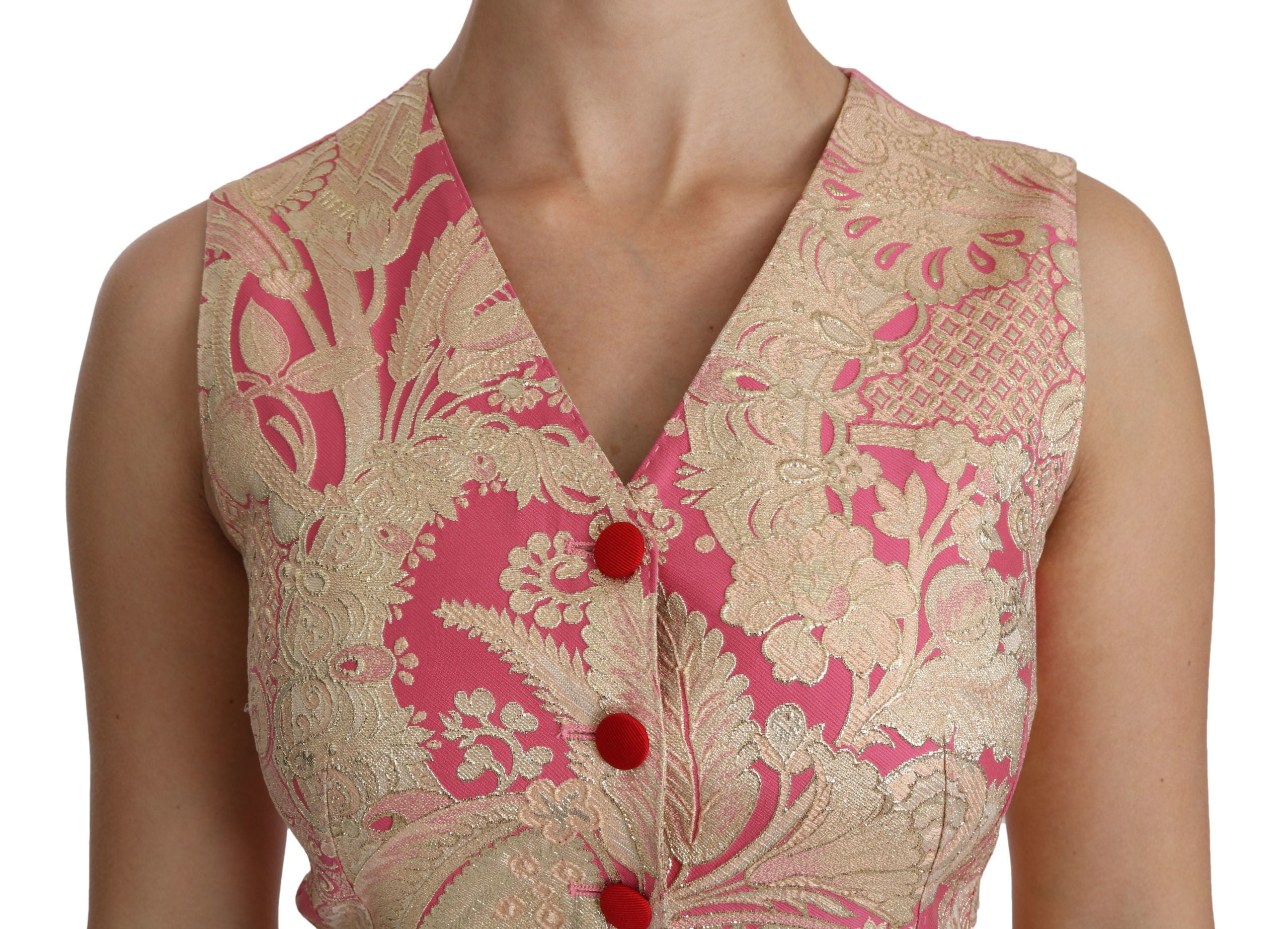 Veste en brocart rose doré Dolce & Gabbana, haut élégant avec taille cintrée et détails sophistiqués, vue de face.