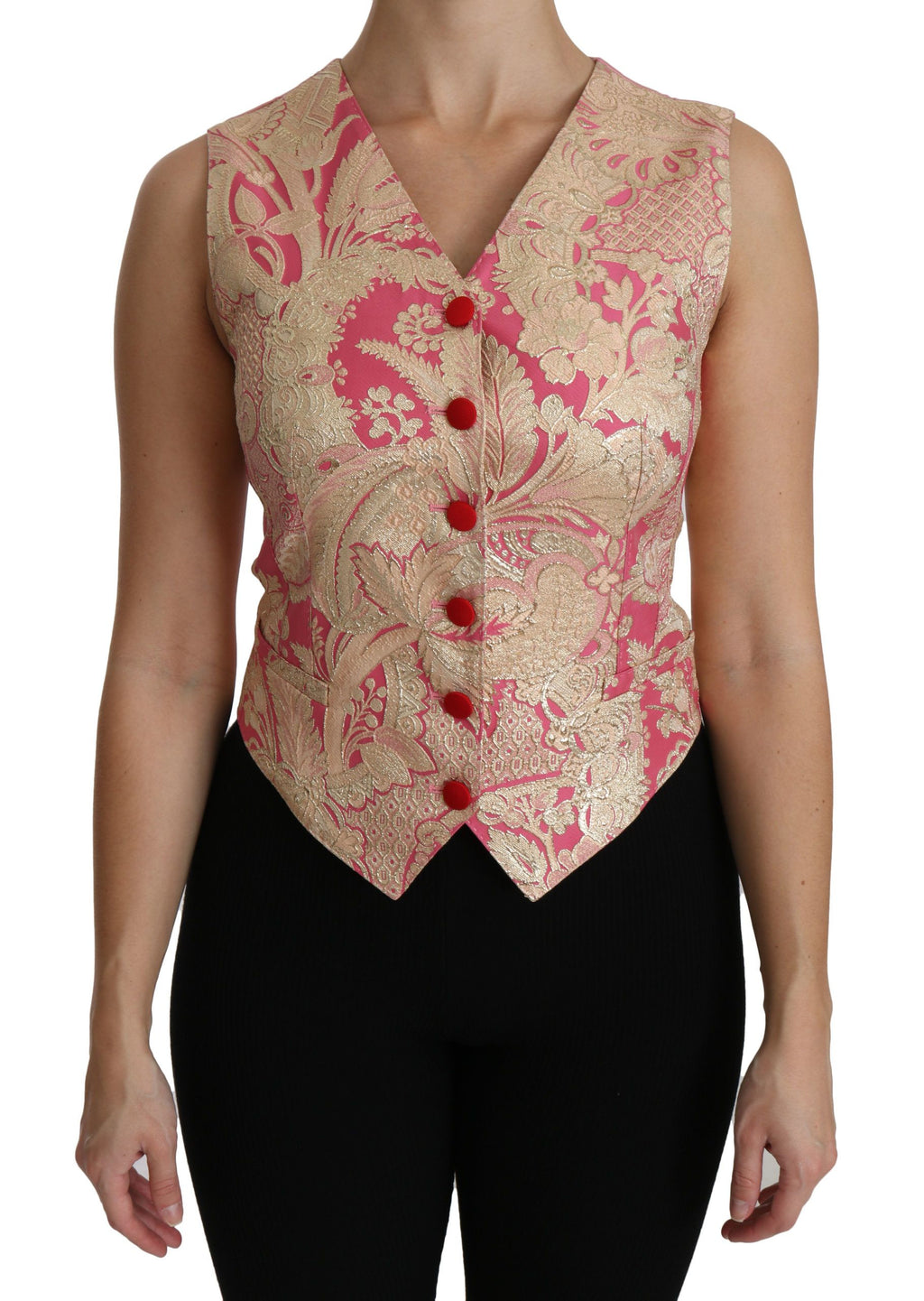 Gilet Dolce & Gabbana en brocart rose et or avec col en V, porté avec une blouse élégante, visible de face sur mannequin.