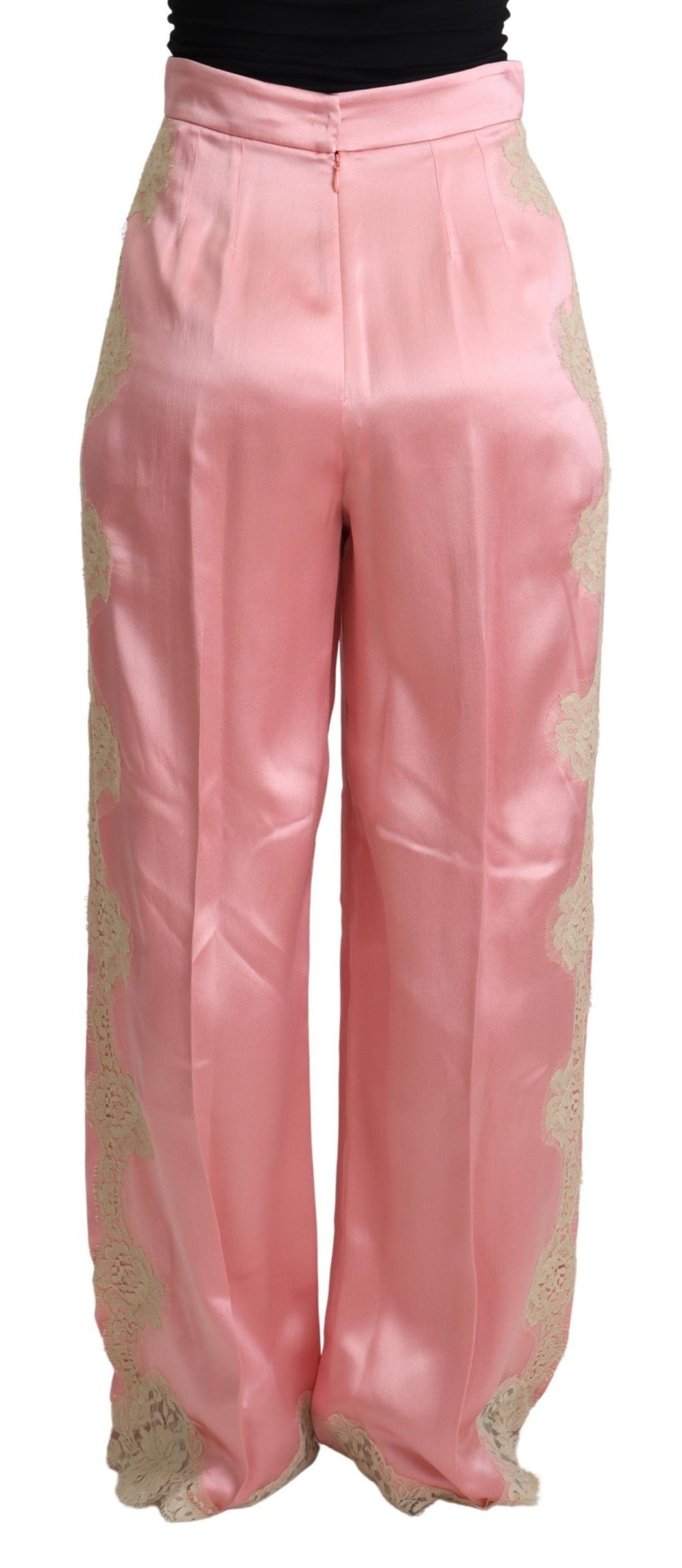 Pantalon large en satin de soie rose Dolce & Gabbana avec bordure en dentelle, style élégant et confortable.