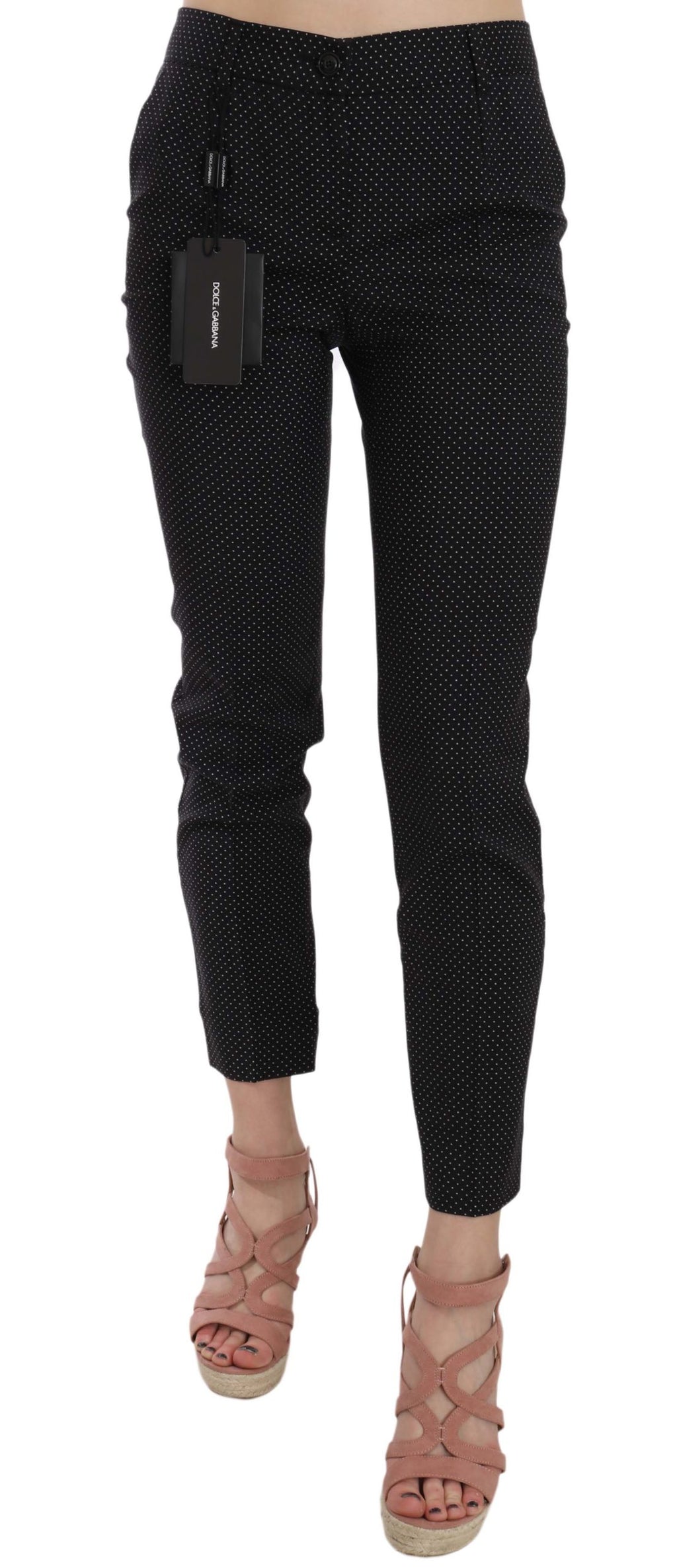 Pantalon capri slim à pois Dolce & Gabbana, pantalon tapered en tissu léger, avec motif à pois noir et blanc.