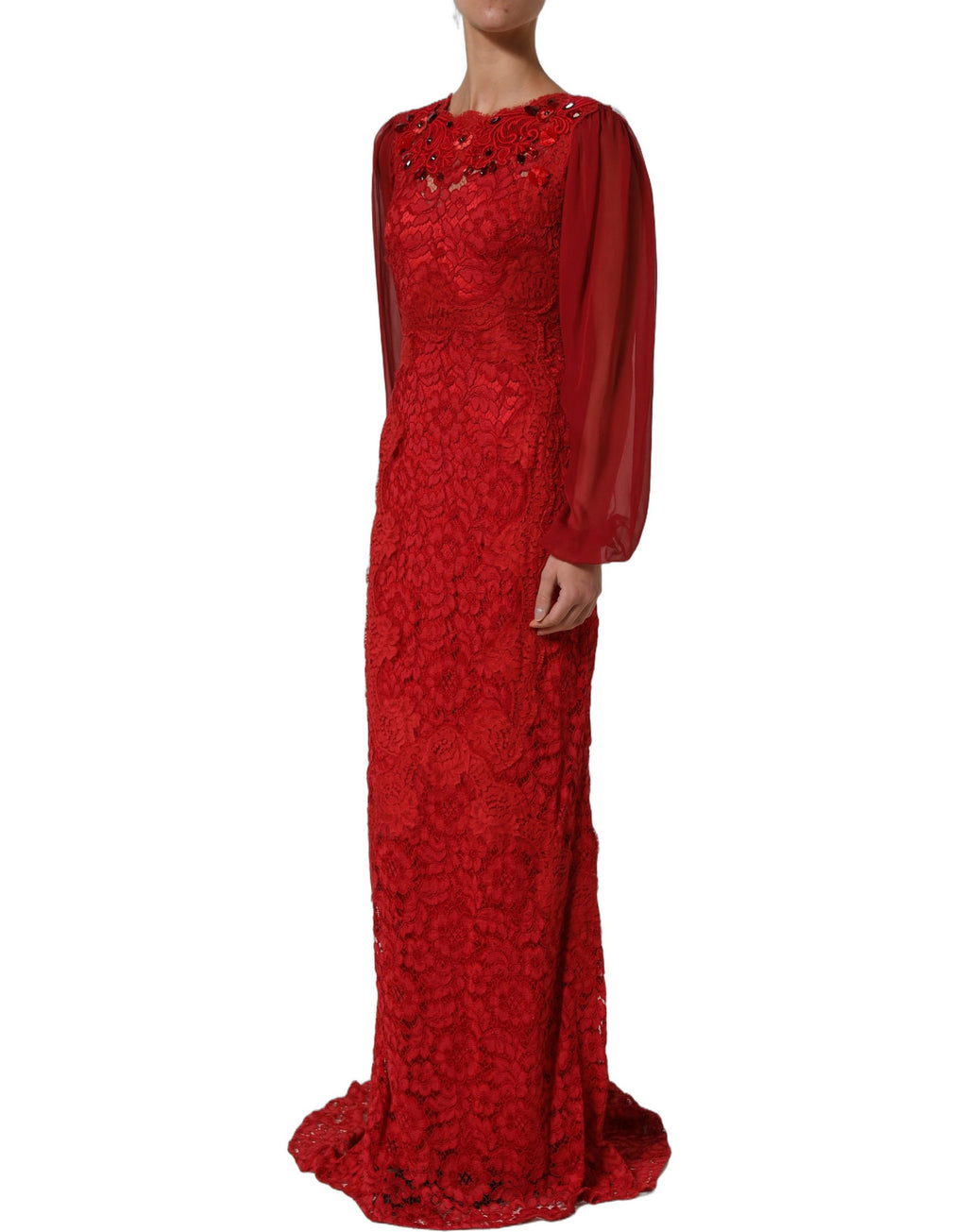 Robe longue sirène Dolce & Gabbana rouge ornée de détails scintillants, taille ajustée et décolleté élégant.