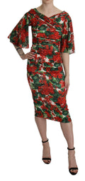 Robe midi en soie stretch rouge à fleurs Dolce & Gabbana, coupe ajustée et élégante, portée sur un mannequin.