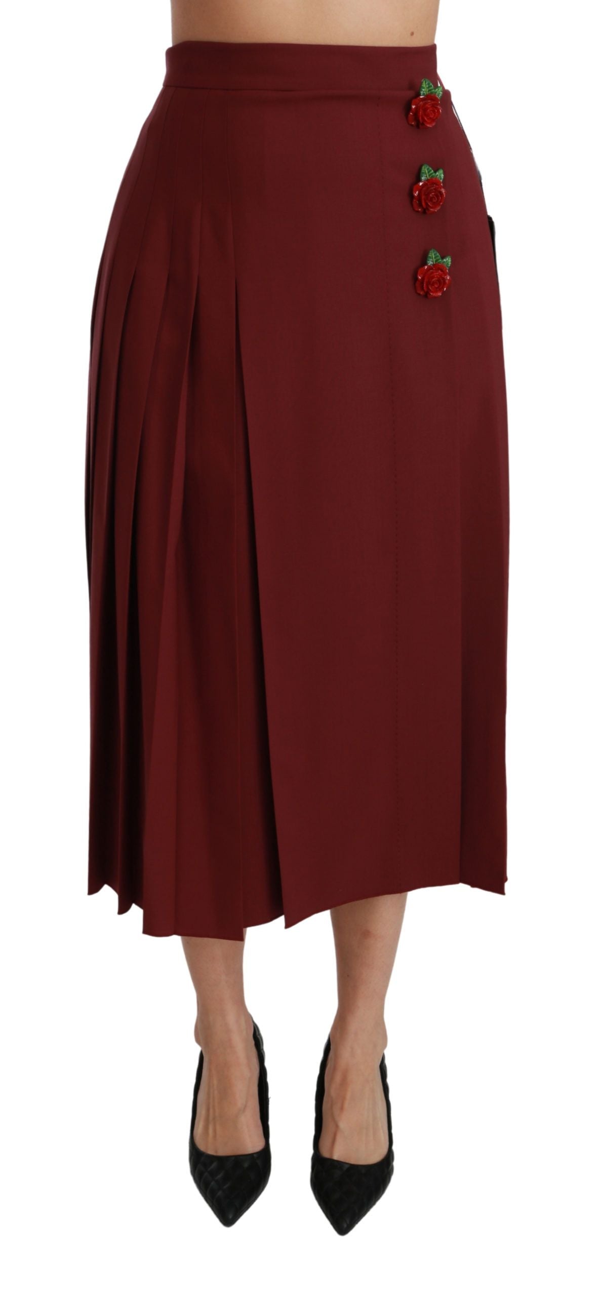 jupe longue en laine rouge à taille haute et plis Dolce & Gabbana, vue de face sur un fond neutre