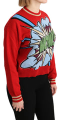 Pull en cachemire rouge Dolce & Gabbana avec motif cartoon, doux et chaud, pour un look tendance et confortable.