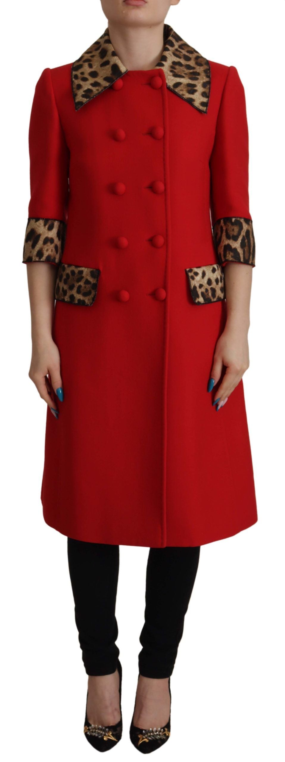 Manteau trench en laine rouge à motif léopard Dolce & Gabbana, veste élégante avec ceinture et détails sophistiqués.