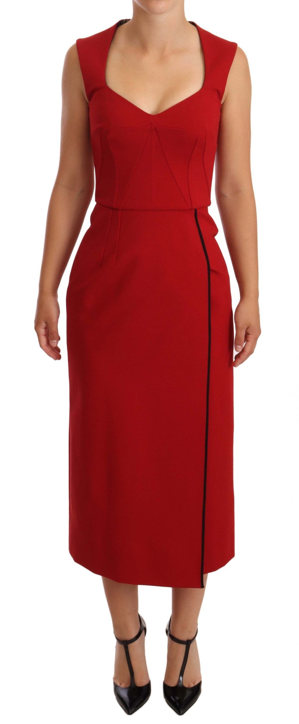 Robe midi rouge sans manches Dolce & Gabbana, coupe en forme de cœur, stretch, élégante et élégante.