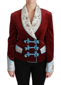 Blazer Dolce & Gabbana en velours rouge avec détails baroques et cristaux, veste élégante pour femmes.