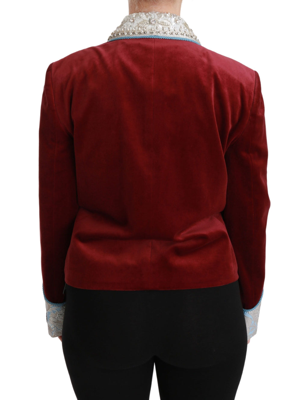 Veste blazer en velours rouge avec détails baroque en cristaux Dolce & Gabbana, élégance et luxe sophistiqués.