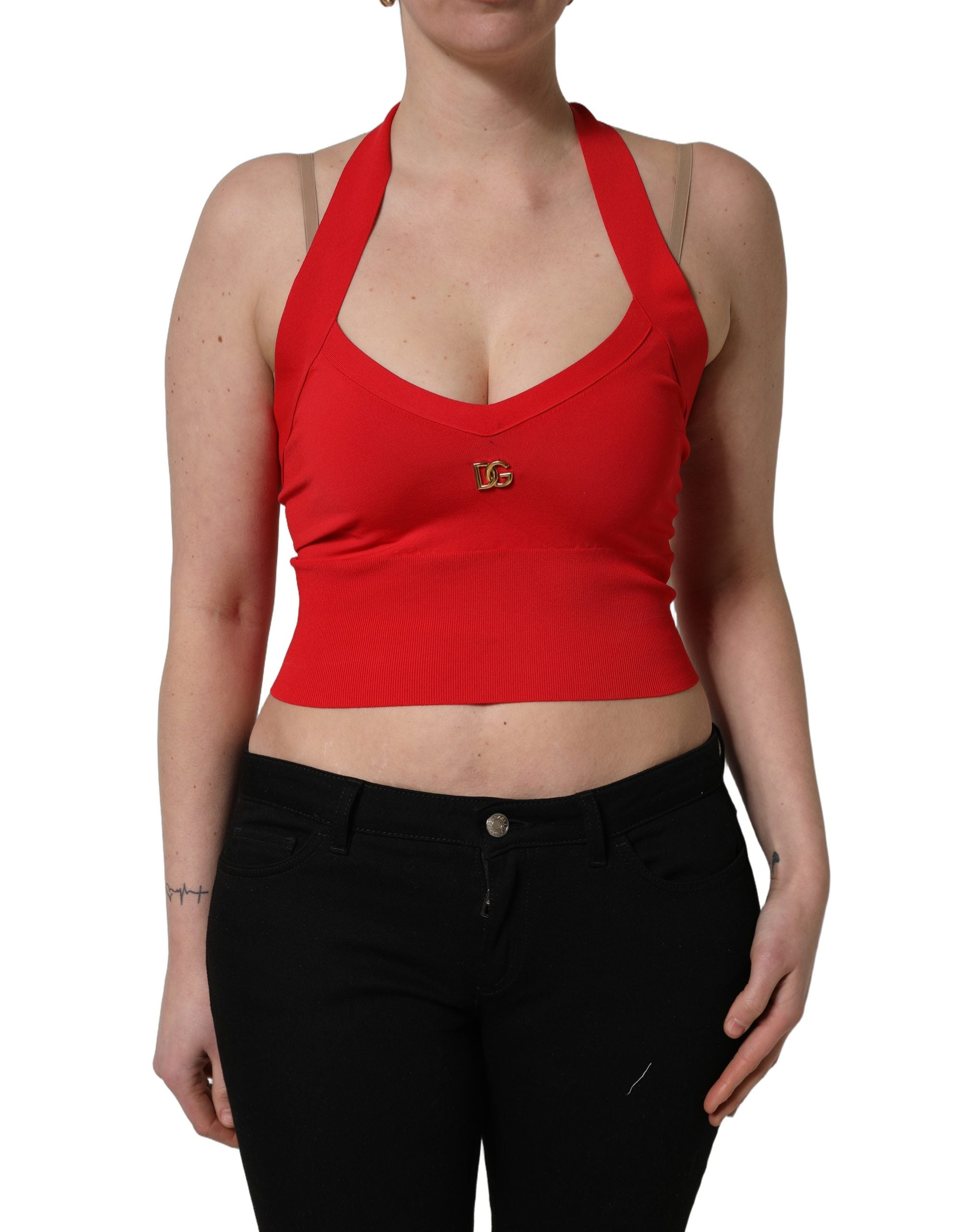 Top crop sans manches Dolce & Gabbana en viscose rouge, design halter élégant et moderne.