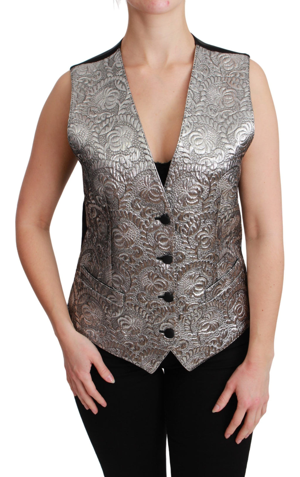Haut sans manches en brocart argenté Dolce & Gabbana, détail métallique élégant et texture riche, pour un style sophistiqué.