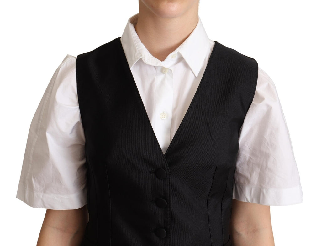 Gilet sans manches en soie noire solide de Dolce & Gabbana, veste élégante et ajustée pour femme.