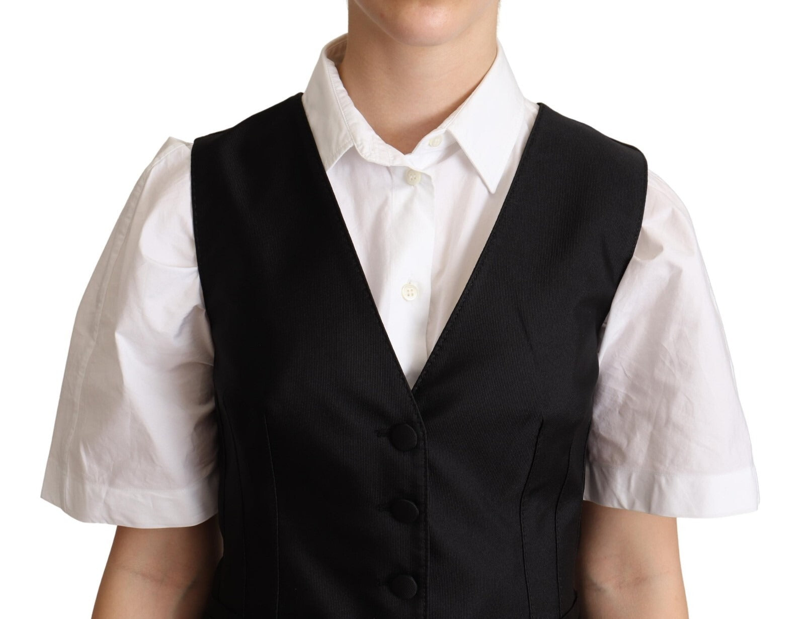 Gilet sans manches en soie noire solide de Dolce & Gabbana, veste élégante et ajustée pour femme.