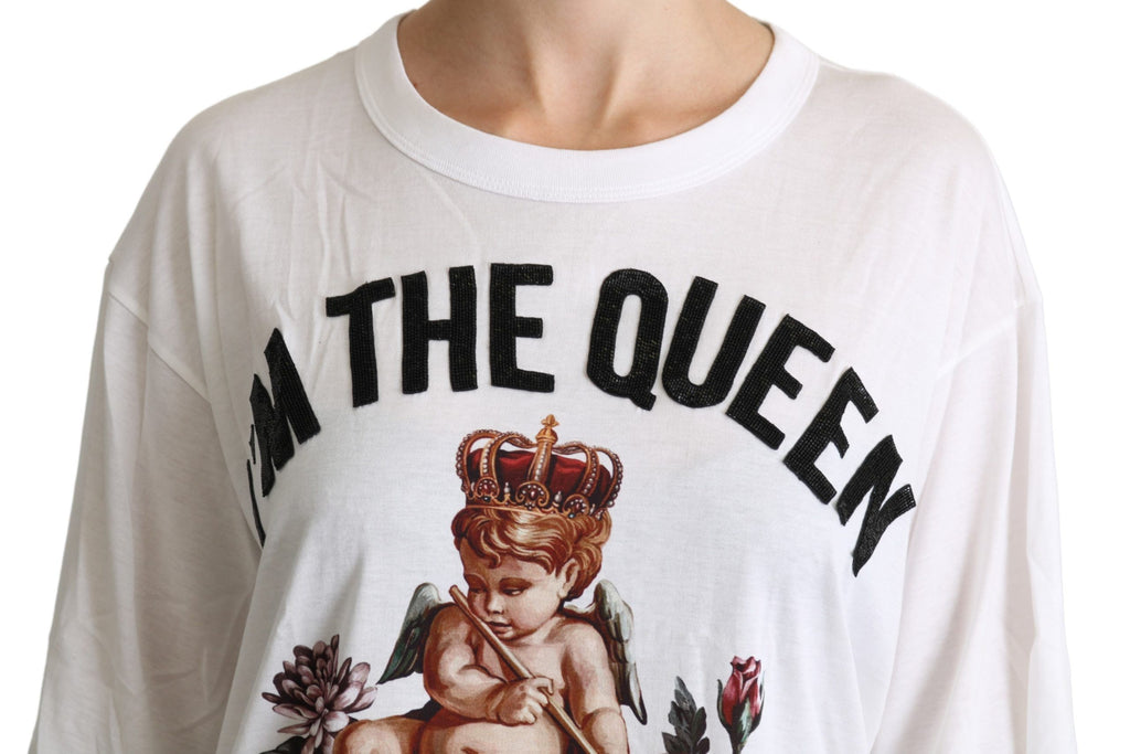 T-shirt blanc en coton Dolce & Gabbana avec imprimé d'ange, col rond, style décontracté et élégant.