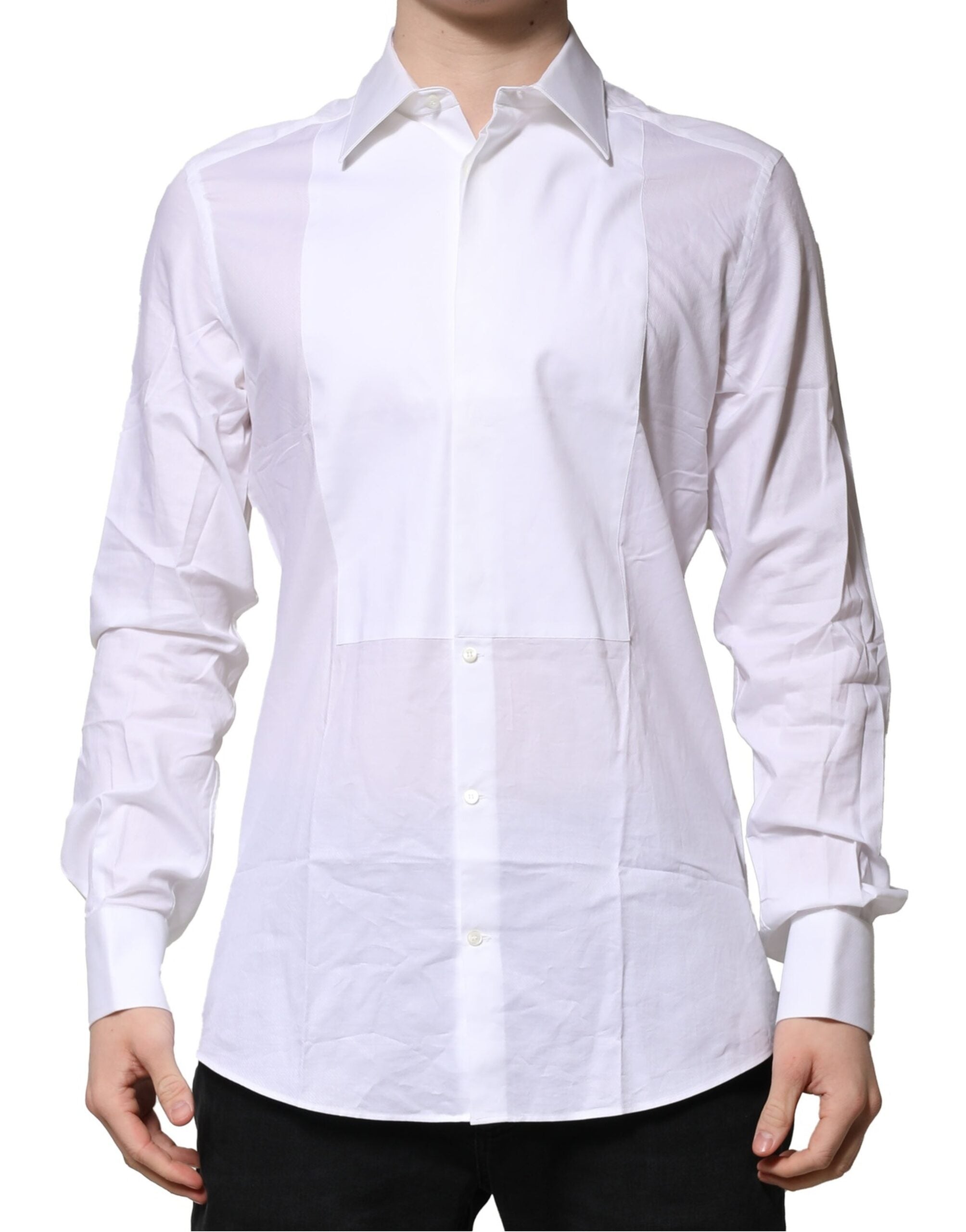 Chemise formelle blanche en coton popeline Dolce & Gabbana avec détails dorés pour homme.