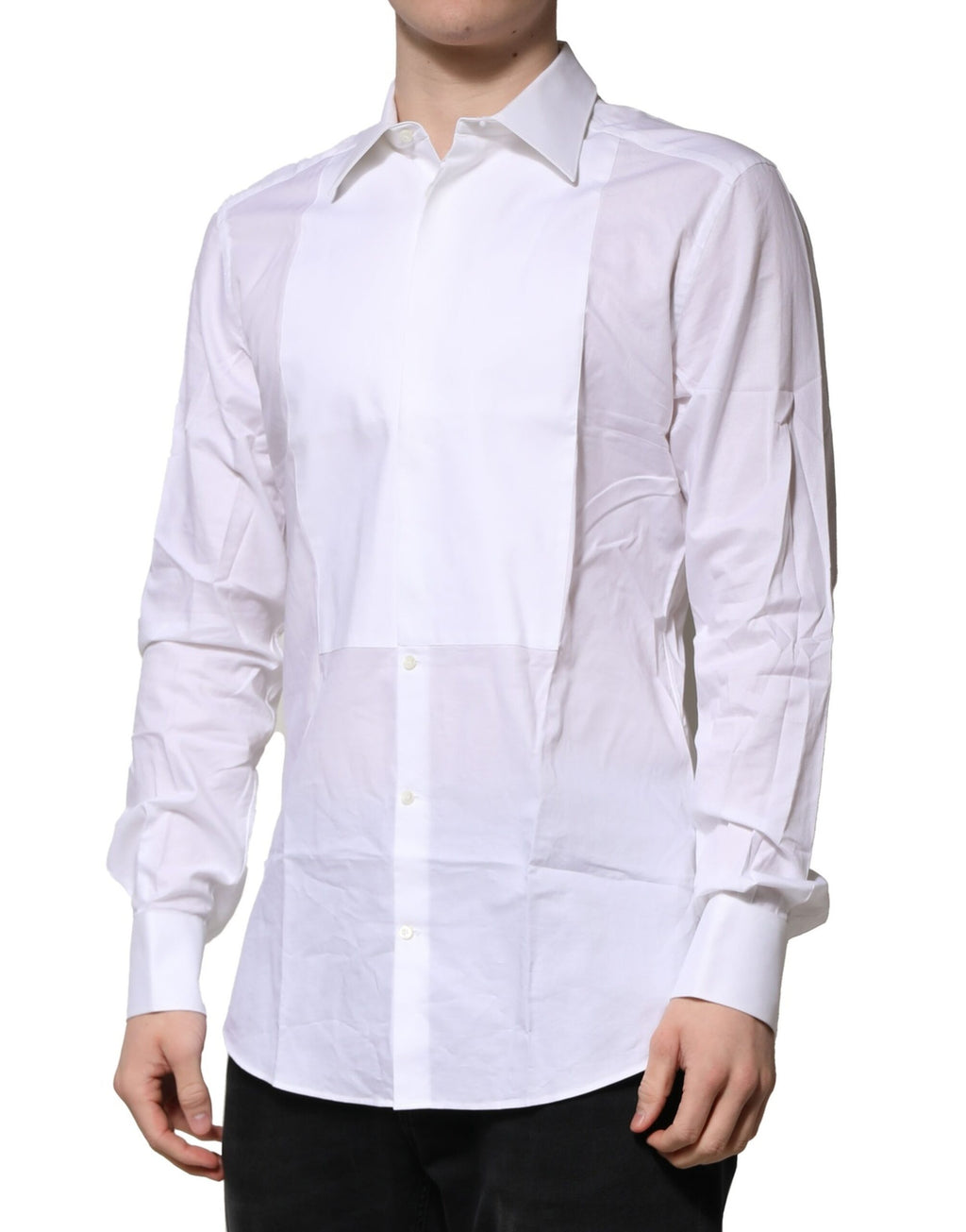 Chemise formelle blanche en coton popeline Dolce & Gabbana pour homme, avec détails dorés.