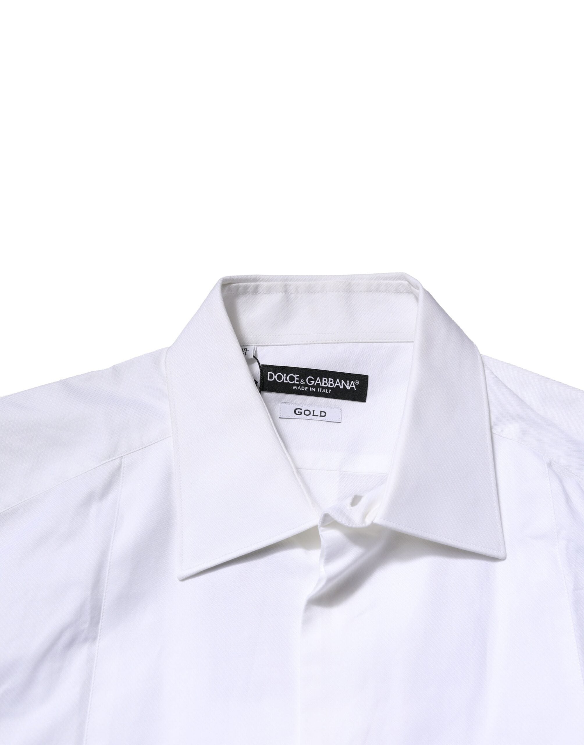Chemise formelle blanche en coton popeline Dolce & Gabbana pour homme avec détails en or visible sur l'image.