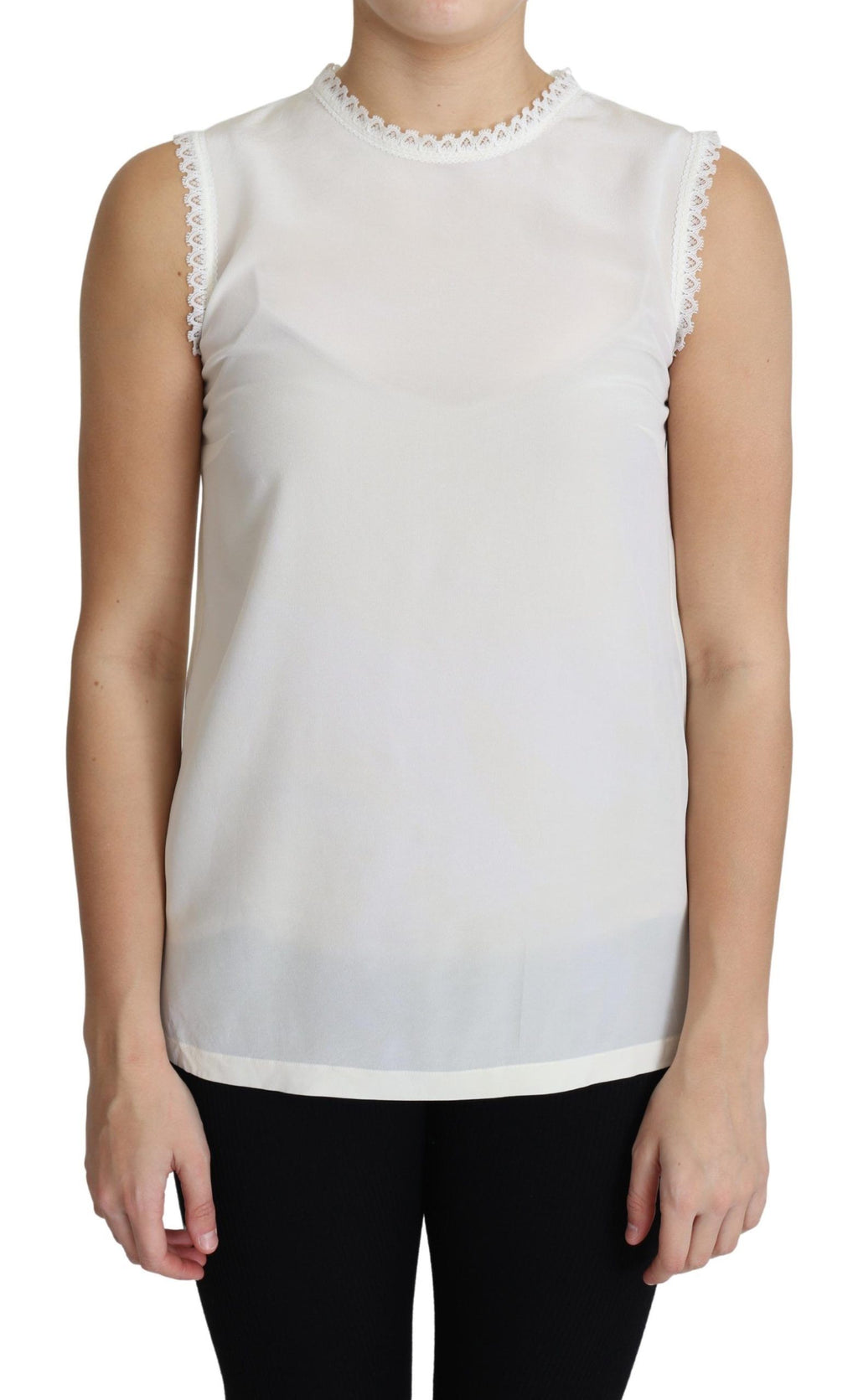 Chemise blanche Dolce & Gabbana en soie avec détails en dentelle sans manches, élégante et raffinée.