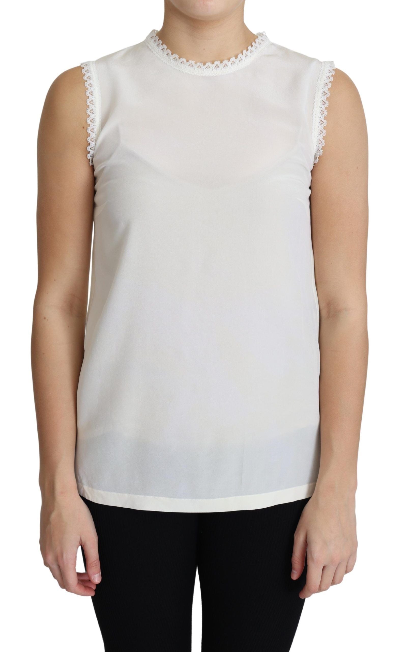 Chemise blanche Dolce & Gabbana en soie avec détails en dentelle sans manches, élégante et raffinée.
