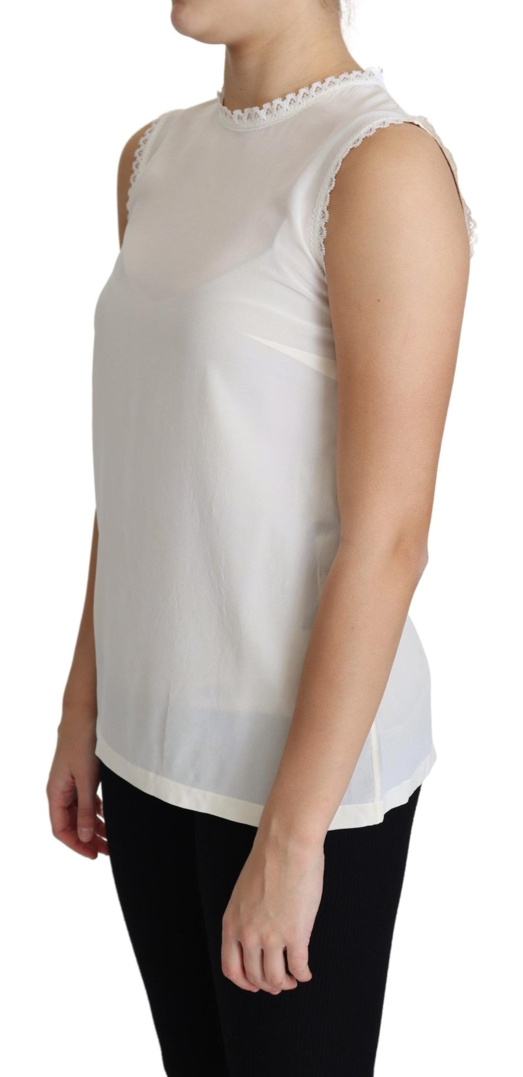 Blouse blanche en soie de Dolce & Gabbana avec détails en dentelle, sans manches, élégant haut féminin.